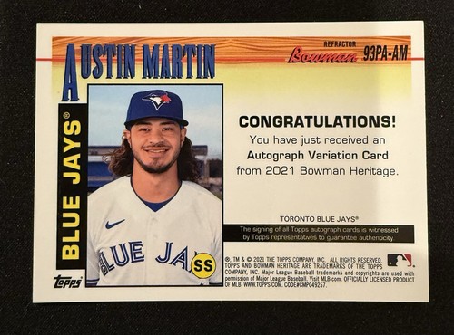 2021 Bowman Heritage Chrome Prospect Refractor /99 Austin Martin #93PA-AM Auto - Picture 2 of 2
