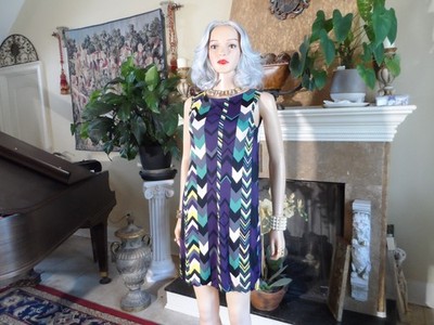 New M Missoni Purple Multi Chevron Print Shift Dress w/Back LOGO Embellish M