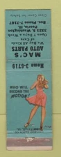 Matchbook Cover - Mac's Auto Parts Peoria IL pinup WEAR