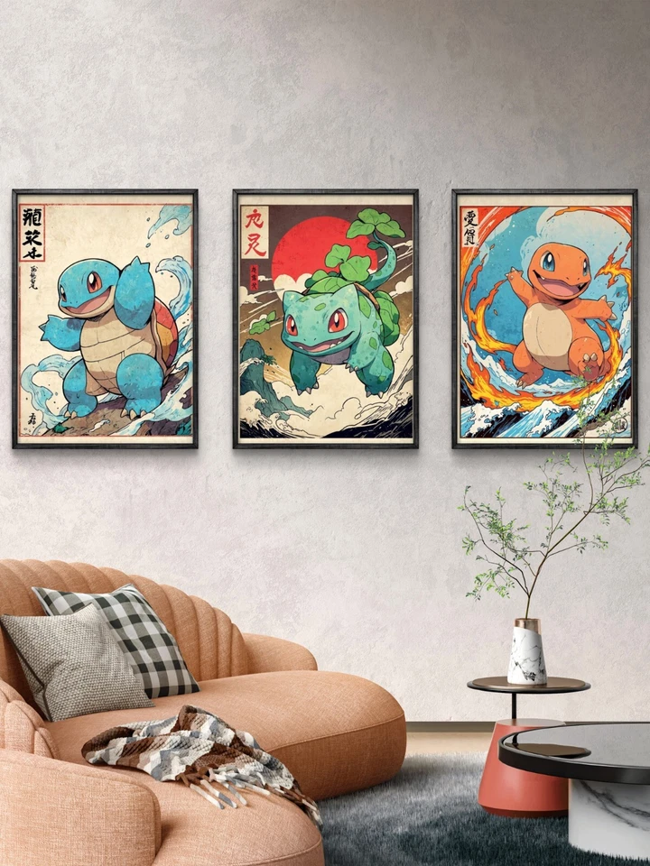 Set of 3 Retro Starters Pokemon Art piece canvas wall home decor Portrait - Image 3 of 4