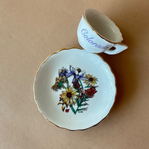 Vintage COLORADO SOUVENIR Miniature Teacup & Saucer - Butter Pat - WILDFLOWERS - Picture 3 of 12