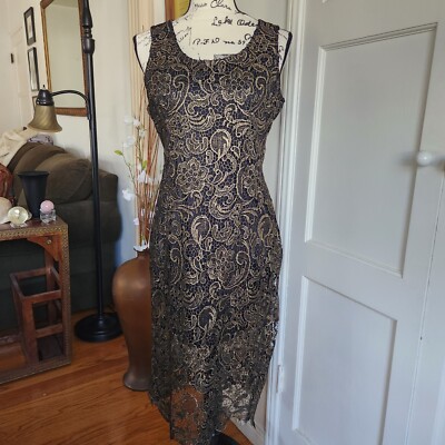 SANS SOUCI BLACK & GOLD FLORAL EMBROIDERED LACE-UP SLEEVELESS DRESS SIZE M  | eBay