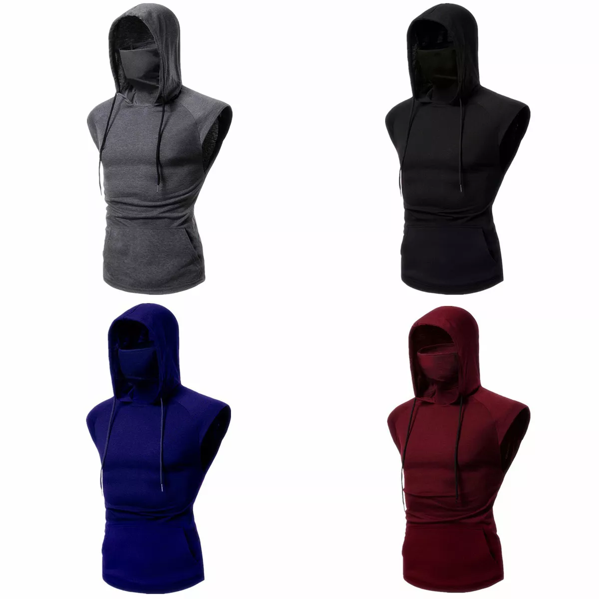 Men Sleeveless Hooded Hoodies with Mask Sports Athletic Muscle Tank Top Pullover