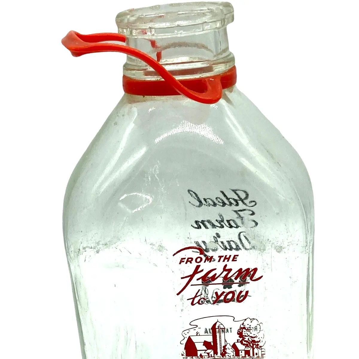 Vintage Old Clear Glass Milk Jug Ideal Farm Dairy 1967 Red Plastic handle  10