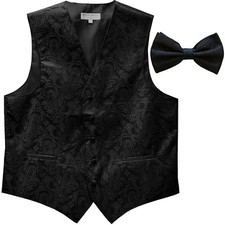 New Polyester Men's Tuxedo Vest Waistcoat  Bow tie Paisley Pattern Black formal