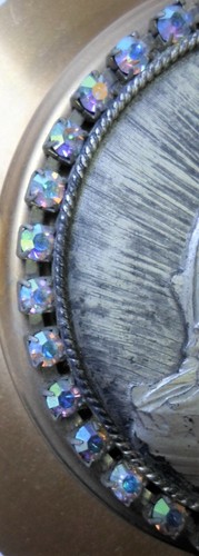 Vintage CATHOLIC CROSS w/ PIETA MEDALLION Framed in RHINESTONES Aurora Borealis - Picture 4 of 7