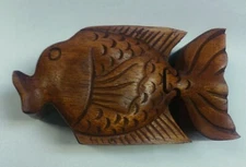 FISH SHAPED HAND CARVED ANIMAL WOOD PUZZLE JEWELRY BOX MADE IN INDONESIA