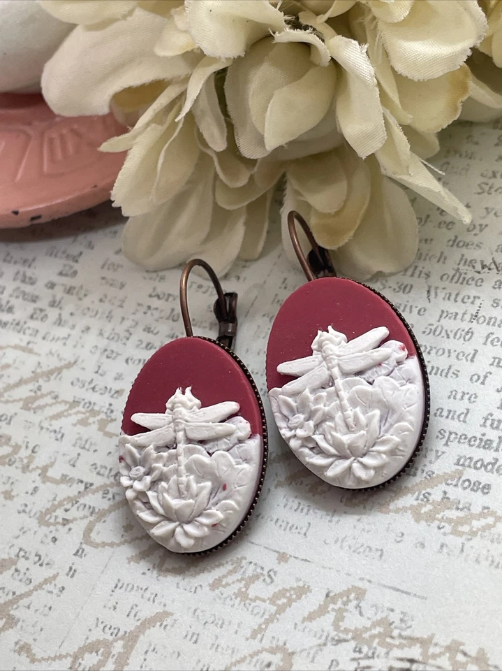 Pendientes Aniversario Oro Rosa Camafeo Boda Cumpleaños Regalo Libélula Roja Memorial Foto 3 de 4