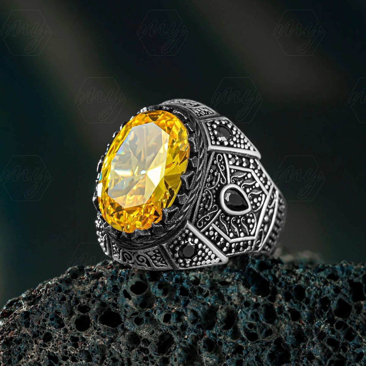 925 Sterling Silver Yellow Citrine Stone Turkish Handmade Men s