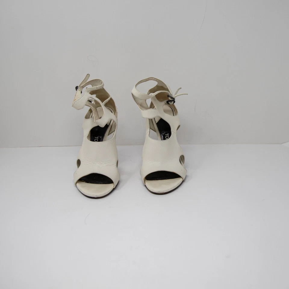 Tom Ford Cuero Genuino Corte Punta Abierta Tacones Altos Sandalias Zapatos Blanco 6.5 Foto 2 de 4