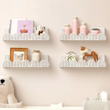 4 Pcs Nursery Book Shelves 15.8 Inch Rattan Scalloped Floating Bookshelves Wicke