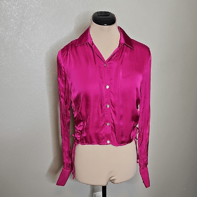 NWOT Bella Dahl XS Dark Pink Satin Long Sleeve Button-Down Shirt Side Ruched