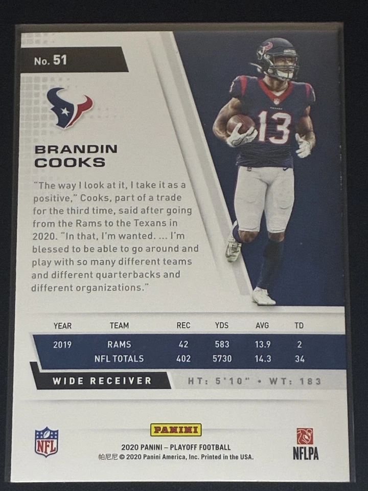 Houston Texans Brandin Cooks 2019 Near Mint Card No 51 Playoff WR Panini 2020 - Image 2 of 3