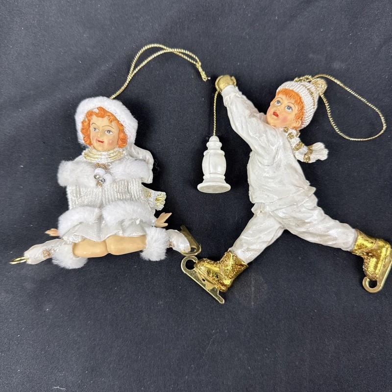 Vtg. Victorian Skating Ornaments One W/jewels On Coat, One W/lantern