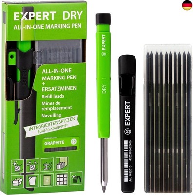 EXPERT DRY Zimmermannsbleistift inkl. 11 Minen | Mit integriertem Spitzer |