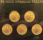 Lot of 5 Gold 2019 1/10 oz, $5 American Eagles Encased in plexiglass