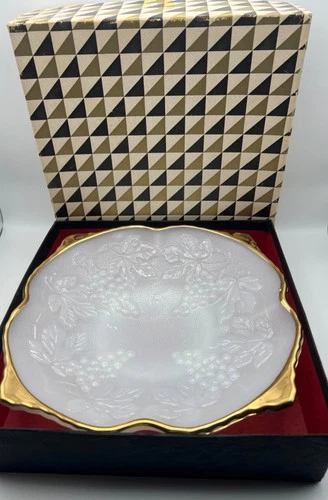 Anchor Hocking pedestal milk glass bowl with gold trim, with original box