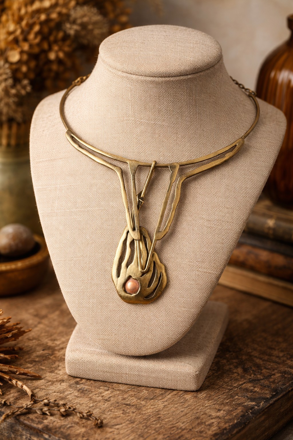 Vtg Mid Century Modern Brass & Copper Studio Necklace | Sculptural Artisan MCM