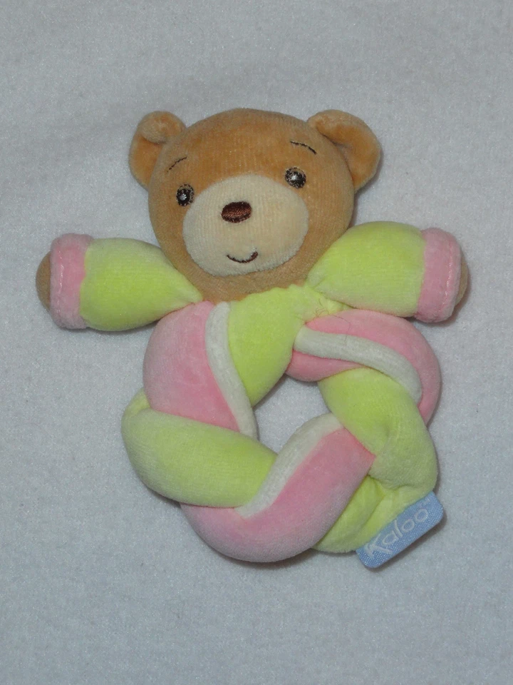 Kaloo Plush Tan Teddy Bear Pink Yellow Braided Ring Rattle Soft Baby Girl Toy - Image 1 of 1
