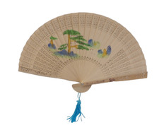 Vintage Racuardo de Merida Hand Painted Wooden Hand Fan - Birds Flowers