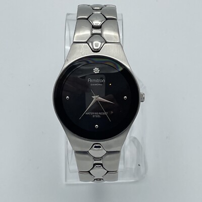 Slim Armitron USA Diamond Steel 36mm Thin Dress Watch Black On Bracelet