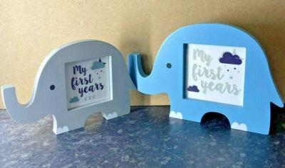 Meine ersten Jahre Holz Elefant Bilderrahmen blau grau Kinderzimmer Baby Deko Paar