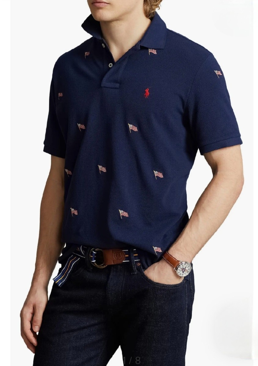 🔥$125🔥Polo Ralph Lauren American Flag Navy Classic Pique Polo