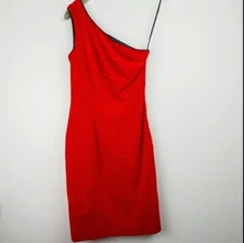 Vtg Jan Barboglio Women's Red Black Polka Dot 1 Shoulder Velvet Dress Sz 4