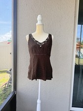 VTG Y2K Nine West Silk Tank 6 Lace Crochet Beaded Sequins Brown Polka Dots Top