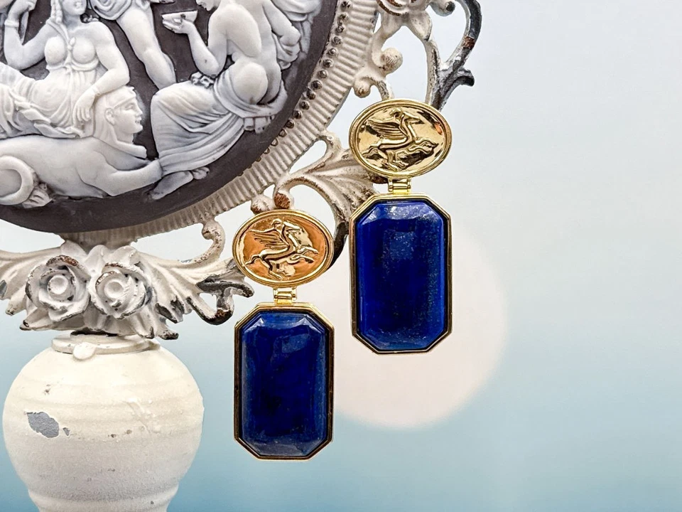 TAGLIAMONTE Designs (2232E-Lapis) 925/YGP Lapis Lazuli Earrings*Pegasus*Reg.$300 - Image 3 of 4