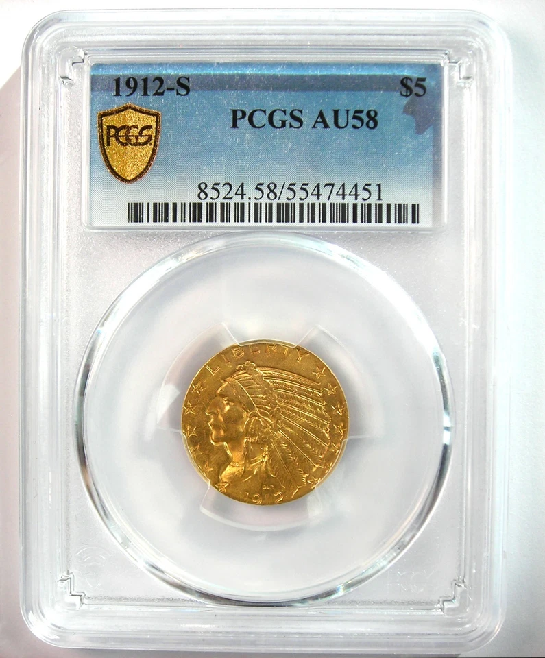 1912-S Indian Gold Half Eagle $5 Coin - PCGS AU58 - Rare Date - $2,150 Value - Image 2 of 4