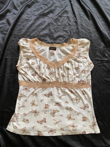 Vintage y2k White Cream Butterfly Dragonfly Lace Trim T-shirt Boho Fairycore Med