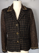 NWT Chico's Black Tweed Button Jacket Beaded Fringe Contrast Sleeves Size 2 L