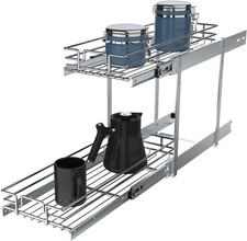 2 Tier Pull Out Cabinet Organizer, 9" W x 21" D Heavy-Duty Metal Sliding Draw...