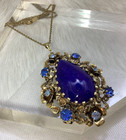 Vintage Austria Rhinestone Lapis Art Glass Teardrop Gold Tone Pendant Necklace — photo 1