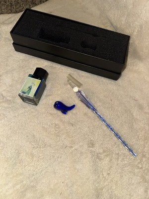 Glass Ink Pen Set with Dip Pen, Blue Ink, and  Whale  Pen Holder Glass BLUE