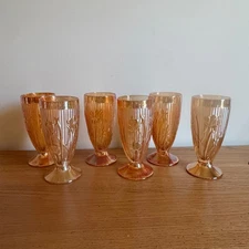 Vintage Amber Carnival Glass Lusterware Footed Tumblers Floral Embossed Set of 6