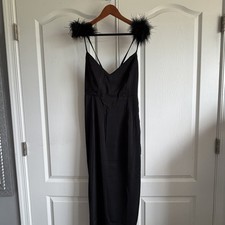 NWT Lulus Exquisite Invite Black Satin Feather Backless Midi Dress Womens Med