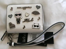Karl Lagerfeld Paris Wristlet Wallet White Leather Silver metal Zipper Snap NWT