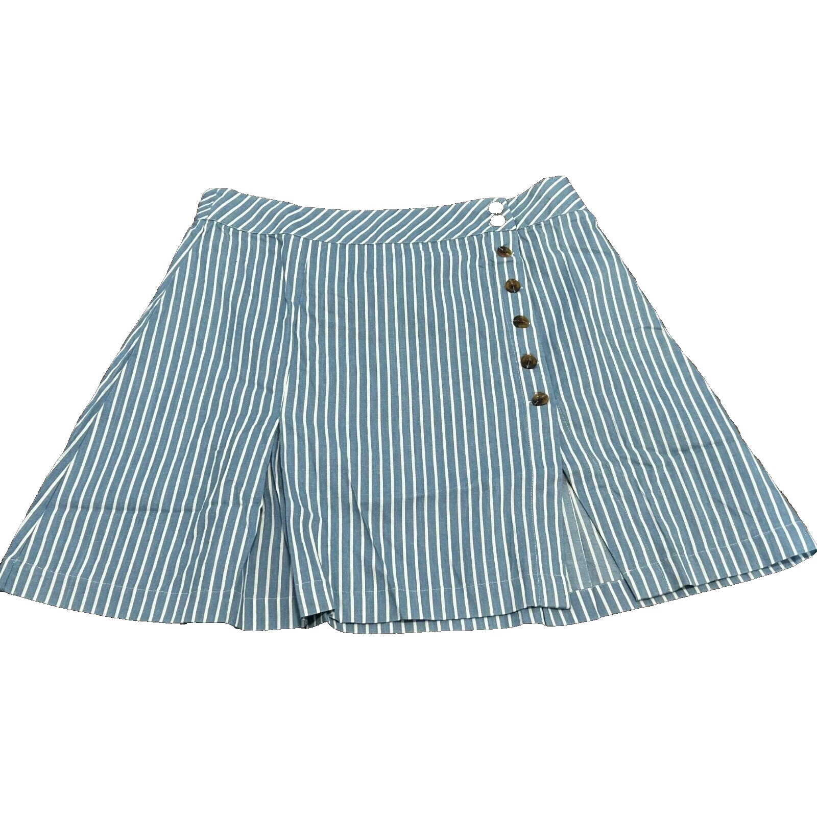 Soncy Mini Flare Skirt Women Sz 1 14/16 Blue/White Stripe Flat Front Button-Up