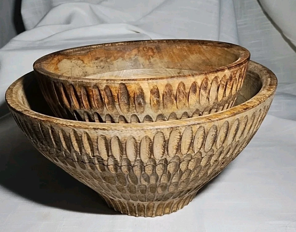 Juego de cuencos de madera artesanales vintage marrón/gris hecho en la India 1 10" 1 7 y 7/8" Foto 3 de 4