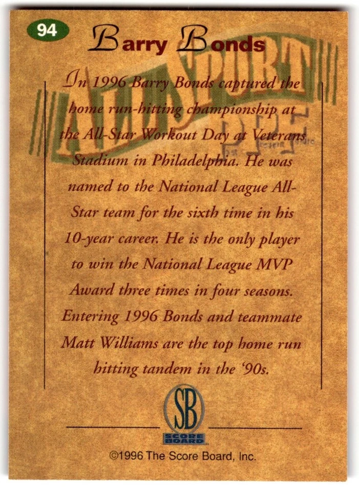 1996 The Score Board All Sport PPF Barry Bonds #94 San Francisco Giants - Image 2 of 2