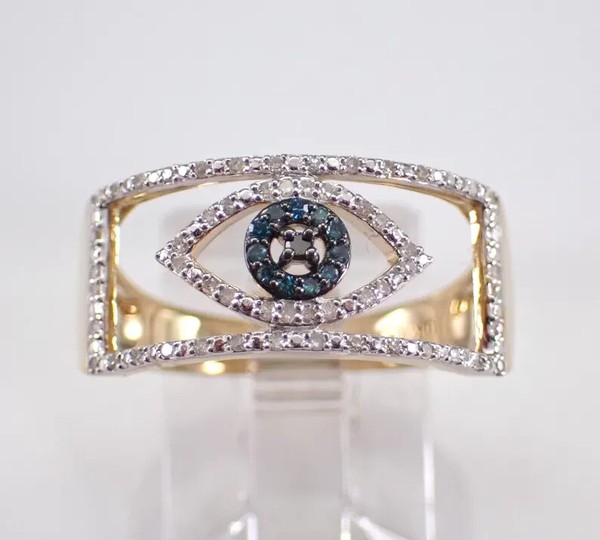 Alternate view of 2.10 Round Cut Real Moissanite Evil Eye Ring 14k Yellow Gold Plated Silver
