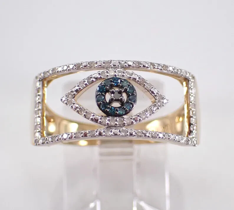 2.10 Round Cut Real Moissanite Evil Eye Ring 14k Yellow Gold Plated Silver - Product main view