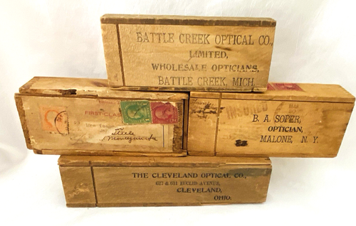 Antique Lot of 4 Wooden Dovetailed Optical Co. Eye Glasses Boxes