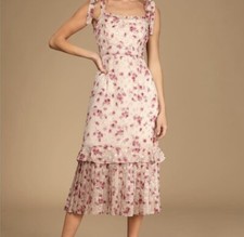 Lulus Pink Floral Midi Wedding Guest, Wedding Shower, Formal Event Dress Medium