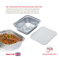 100 x ALUMINIUM FOIL FOOD CONTAINERS +LIDS No.2 HOME TAKEAWAY USE -MADE IN UK