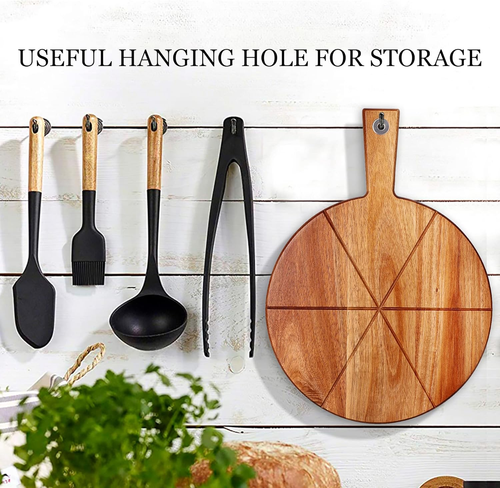 12 Inch Acacia Wood Pizza Peel with Handle and Cutter Set - Picture 7 of 11