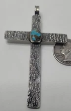 Kingman Turquoise Mediterranean Coral Sterling Silver Reversible Cross Pendant 