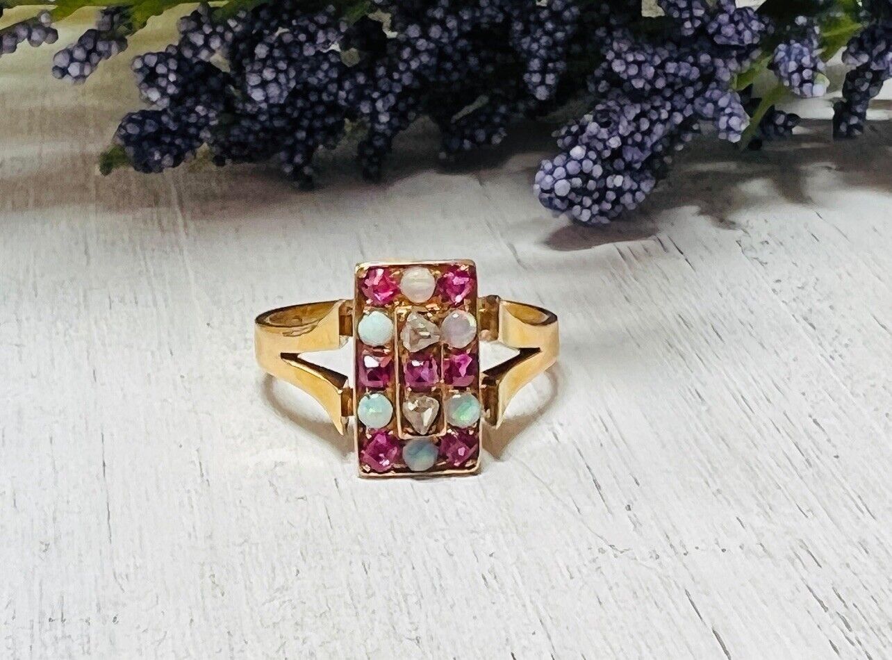 18k Gold Natural Diamond Opal Ruby Victorian Anti… - image 3
